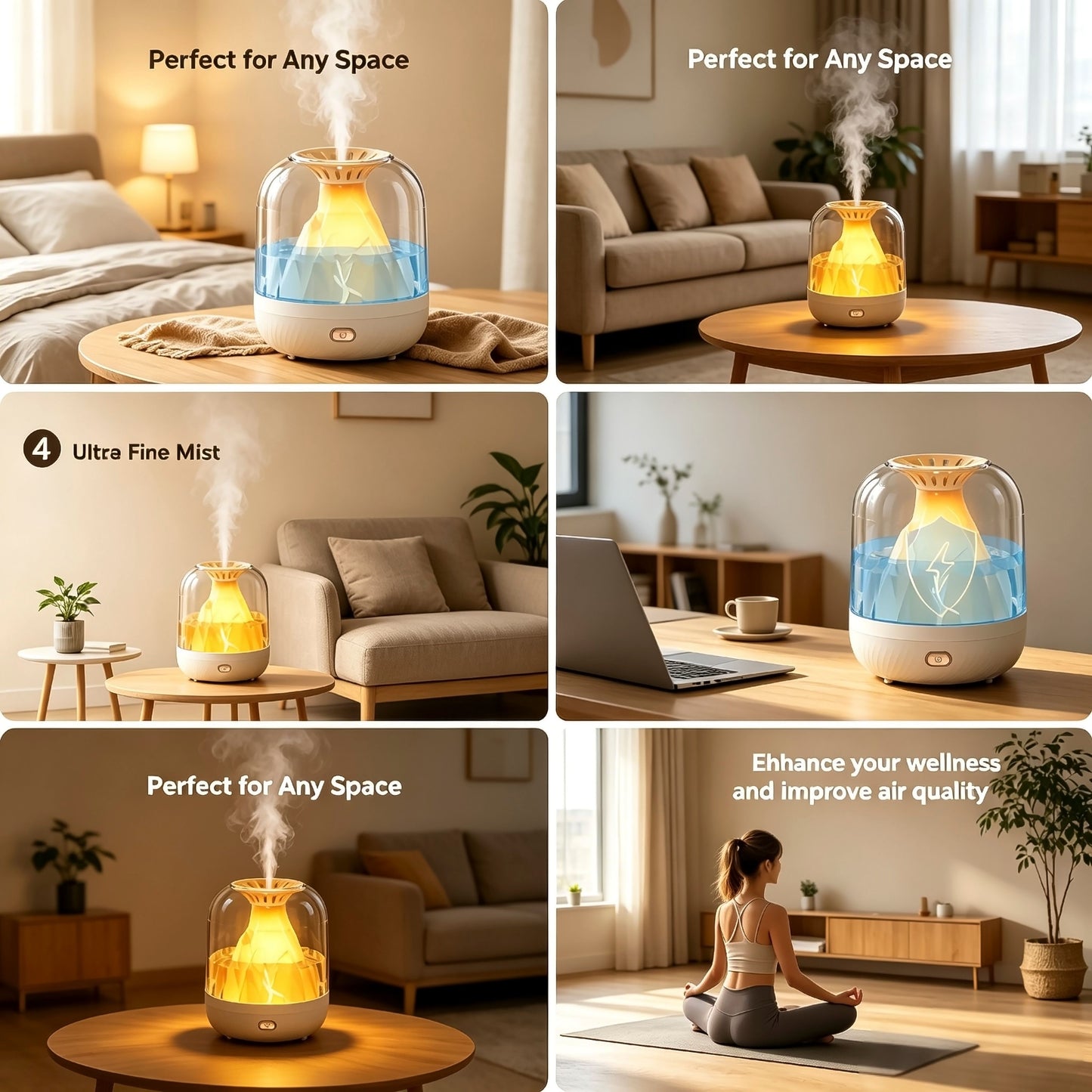 【900ML 3-in-1 Humidifier】 & Essential Oil Diffuser with Night Light, USB Powered Quiet Cool Mist Humidifier for Bedroom Office Home, Volcano Flame Effect Aromatherapy Humidifier, 36dB Low Noise, Large Capacity