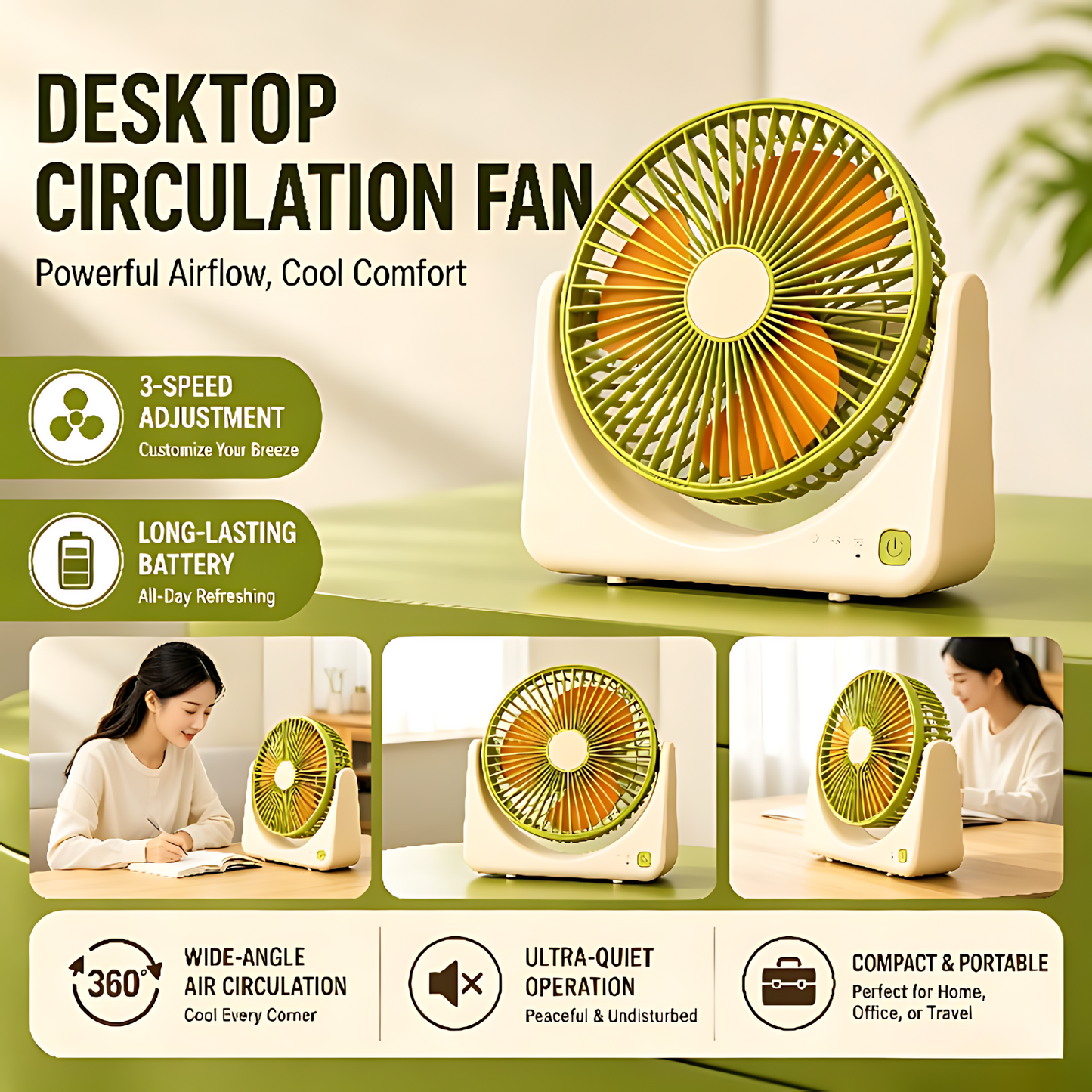 【Portable USB Mini Desk Fan, 3 Speed Adjustable, Ultra Quiet 36dB(A), 500mAh Rechargeable Battery, 1-3H Long Endurance, Lightweight 0.34kg Personal Cooling Fan for Home Office Travel Camping】