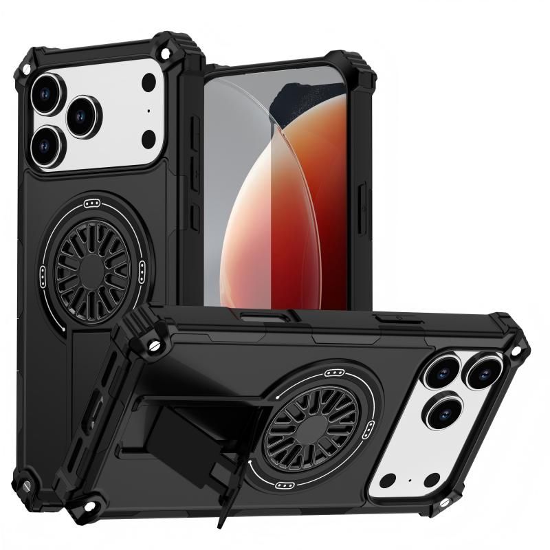 Armor Heavy Duty Magnetic Rotating Ring Kickstand Phone Case For iPhone 15 Plus, Anti-Drop Protective Cover In Black