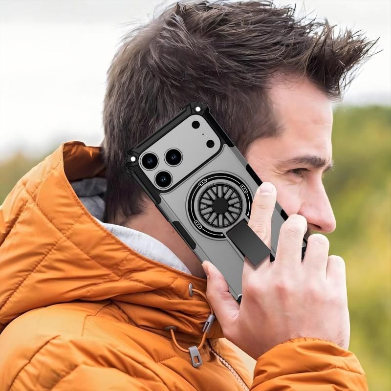 Armor Heavy Duty Magnetic Rotating Ring Kickstand Phone Case For iPhone 15 Pro Max, Anti-Drop Protective Cover In Silver