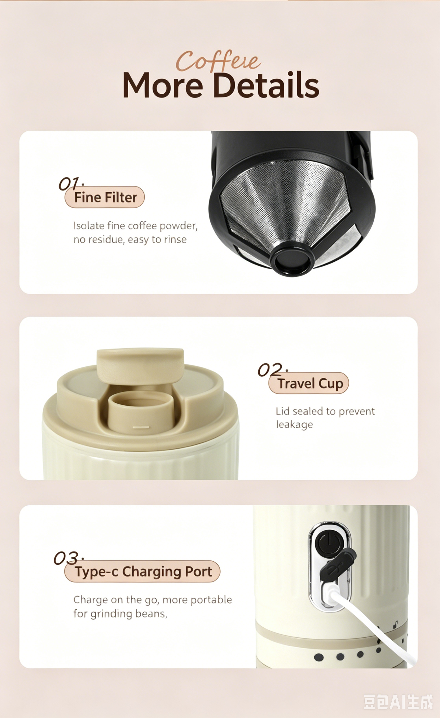 【Portable Electric Coffee Maker, All-in-One Grinder & Brewer with 7 External Adjustable Grind Settings, 1500mAh Rechargeable Battery, 304 Stainless Steel Cordless Drip Coffee Machine for Home Office Travel Camping】