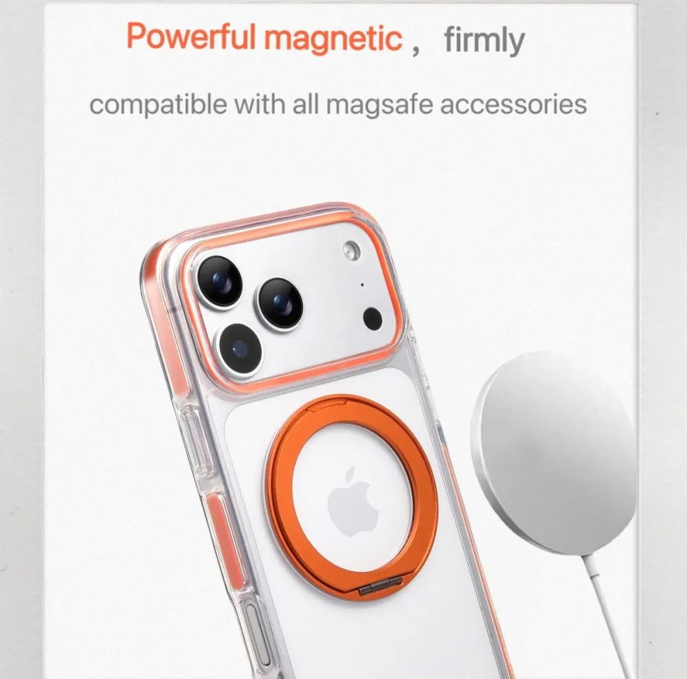 Clear MagSafe iPhone 17 Pro Max Case with 360° Rotating Ring Stand - Orange Edition