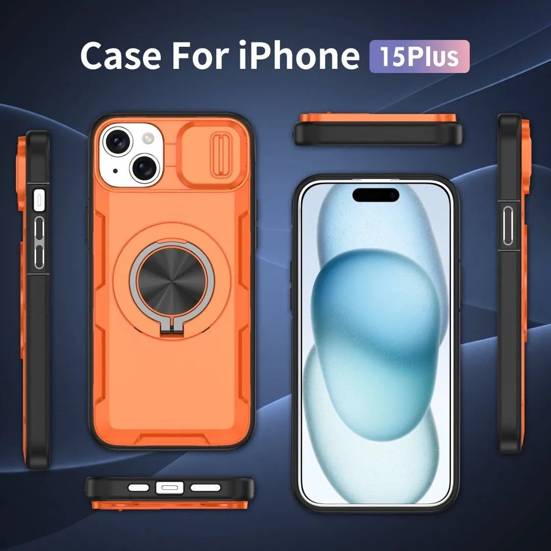 2-in-1 Magnetic Sliding Lens Case, Orange for iPhone 15 Plus