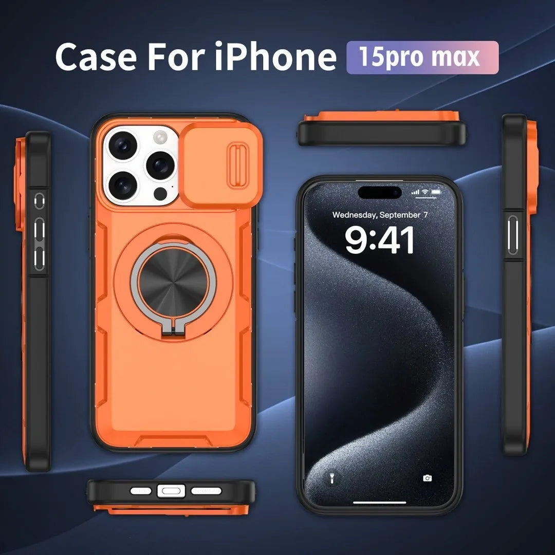 2-in-1 Magnetic Sliding Lens Case, Orange for iPhone 15 Pro Max