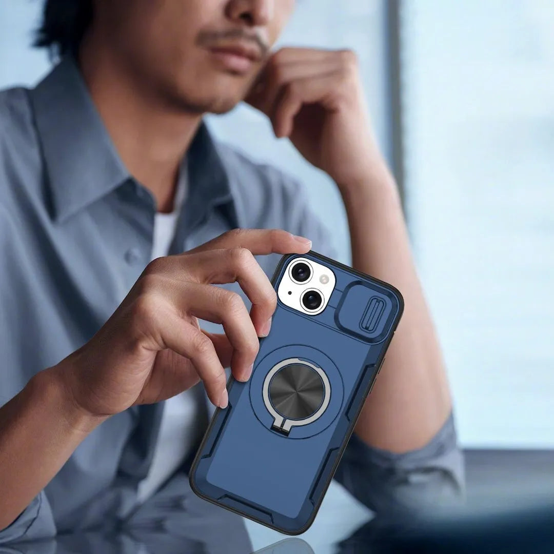 2-in-1 Magnetic Sliding Lens Case, Blue for iPhone 15 Plus