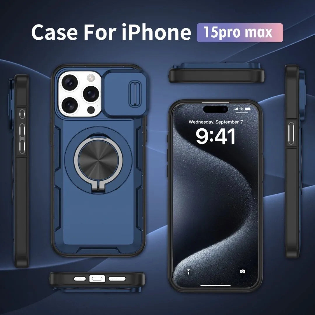 2-in-1 Magnetic Sliding Lens Case, Blue for iPhone 15 Pro Max