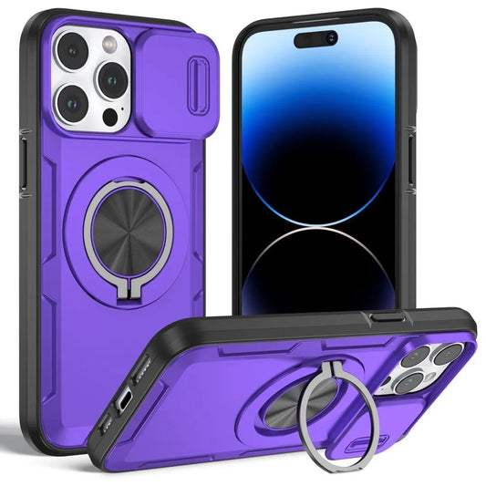 2-in-1 Magnetic Sliding Lens Case, Purple for iPhone 14 Pro