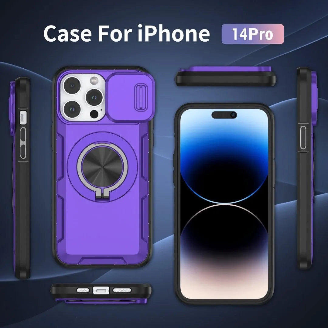 2-in-1 Magnetic Sliding Lens Case, Purple for iPhone 14 Pro
