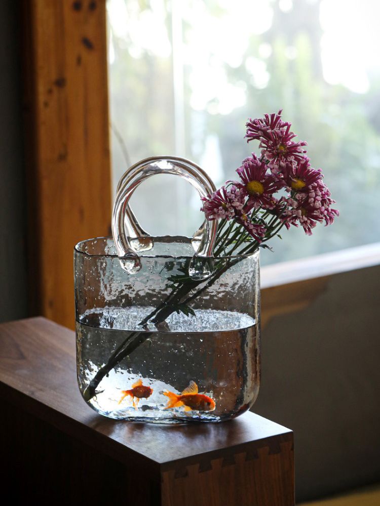 Glass Vase Transparent Hand Basket Living Room Flower Arrangement Creative Bag Fish Tank