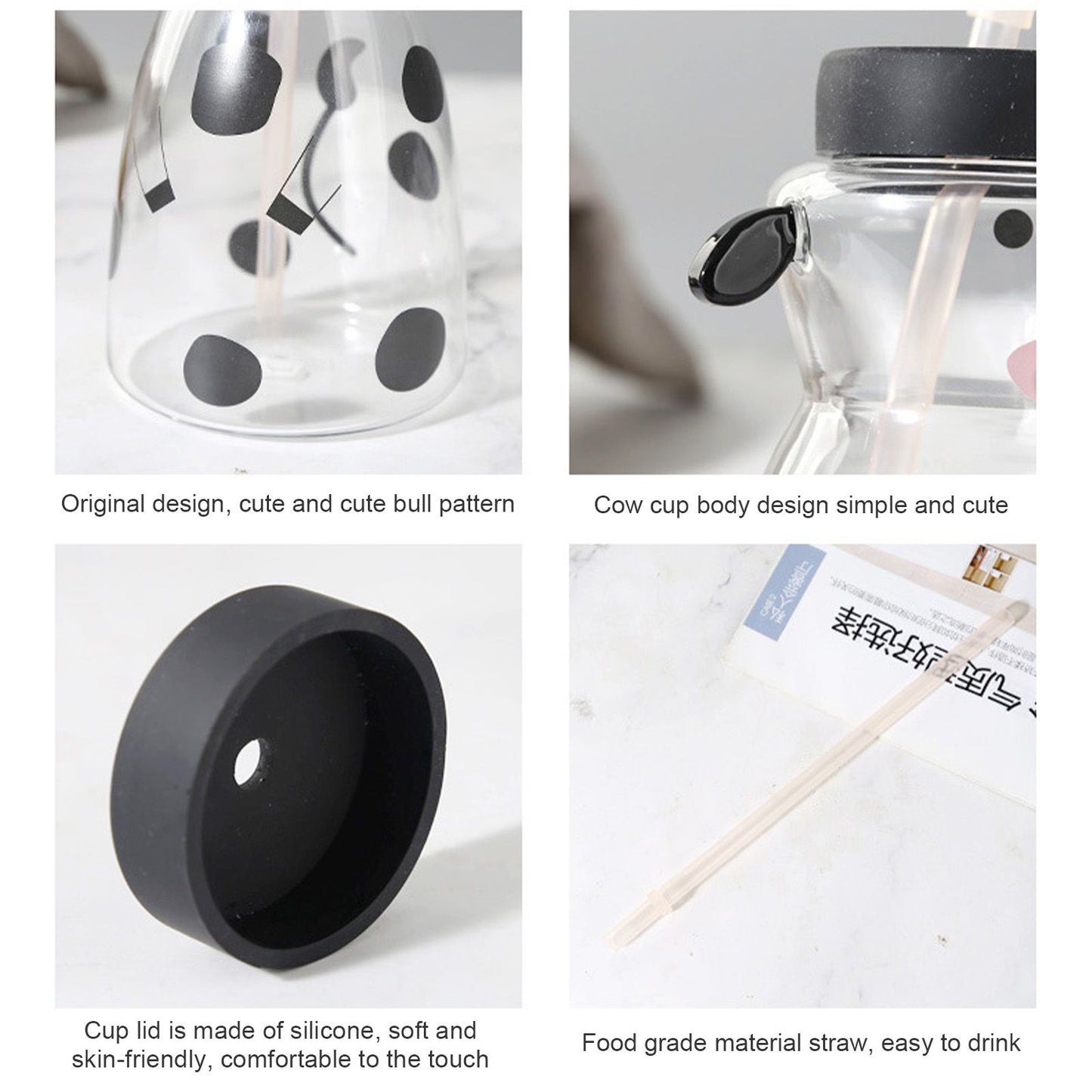 600MLCreative Glass Straw Cup Cow Shape Glass Cup with Straw