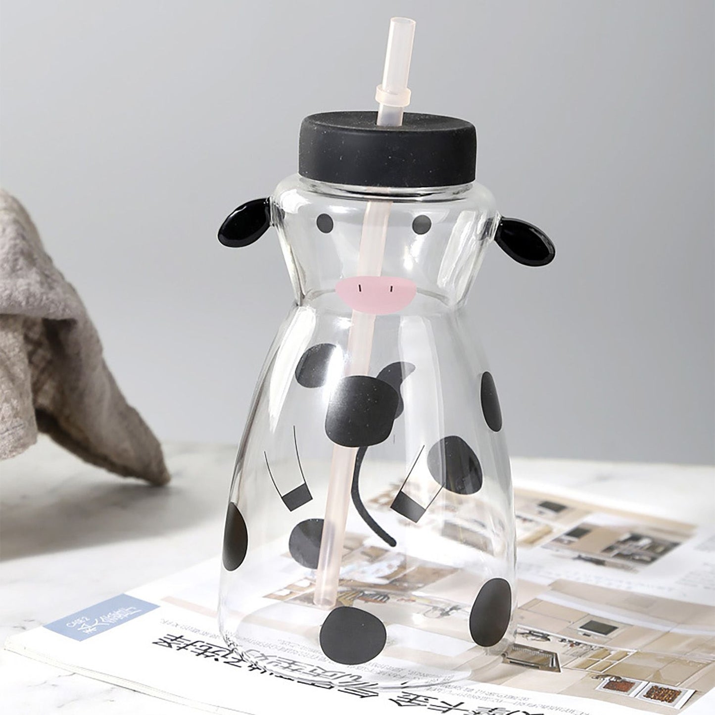 600MLCreative Glass Straw Cup Cow Shape Glass Cup with Straw