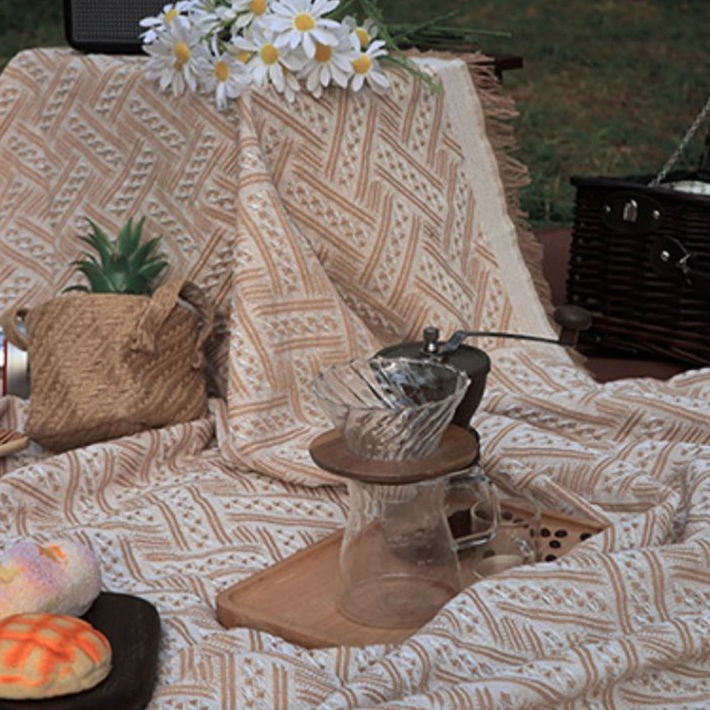 Outdoor Picnic Blanket with Fringe Cotton Soft Comfortable Simple Style for Camping Beach 180x130