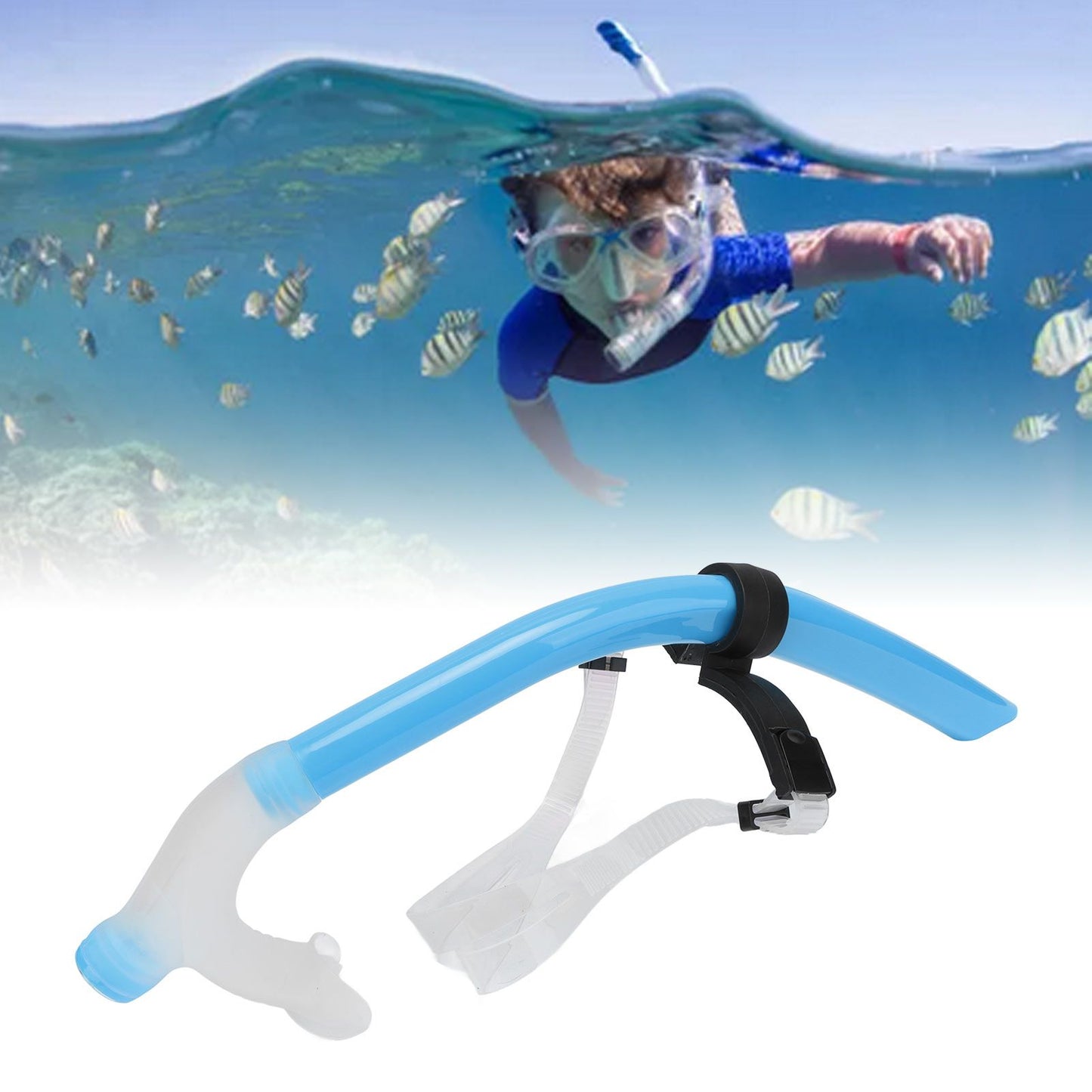 Swimming Snorkel Reduced Drag Silicone Swimming Breathing Tube with Adjustable Head Brace for Snorkeling Diving Sky Blue