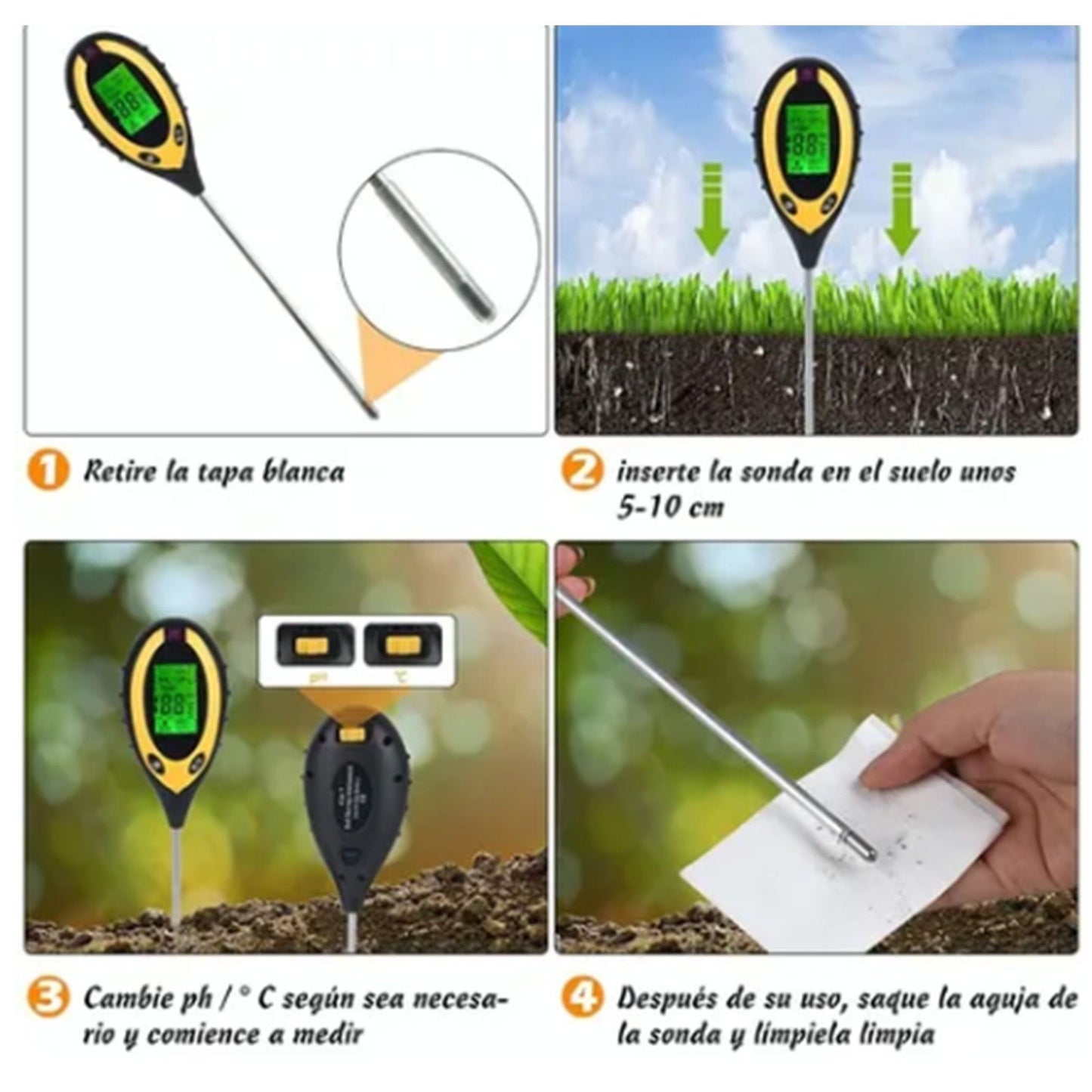 4 In 1 Soil Meter Temperature Sunlight Moisture PH Soil Tester for Family Orchard Agriculture Rice Vegetable Cultivation