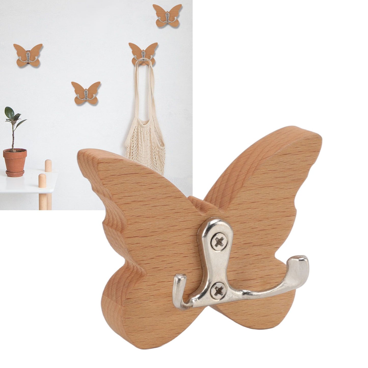 Wooden Butterfly Wall Hook Wood Wall Mounted Hanger for Coat Clothes Hat Towel