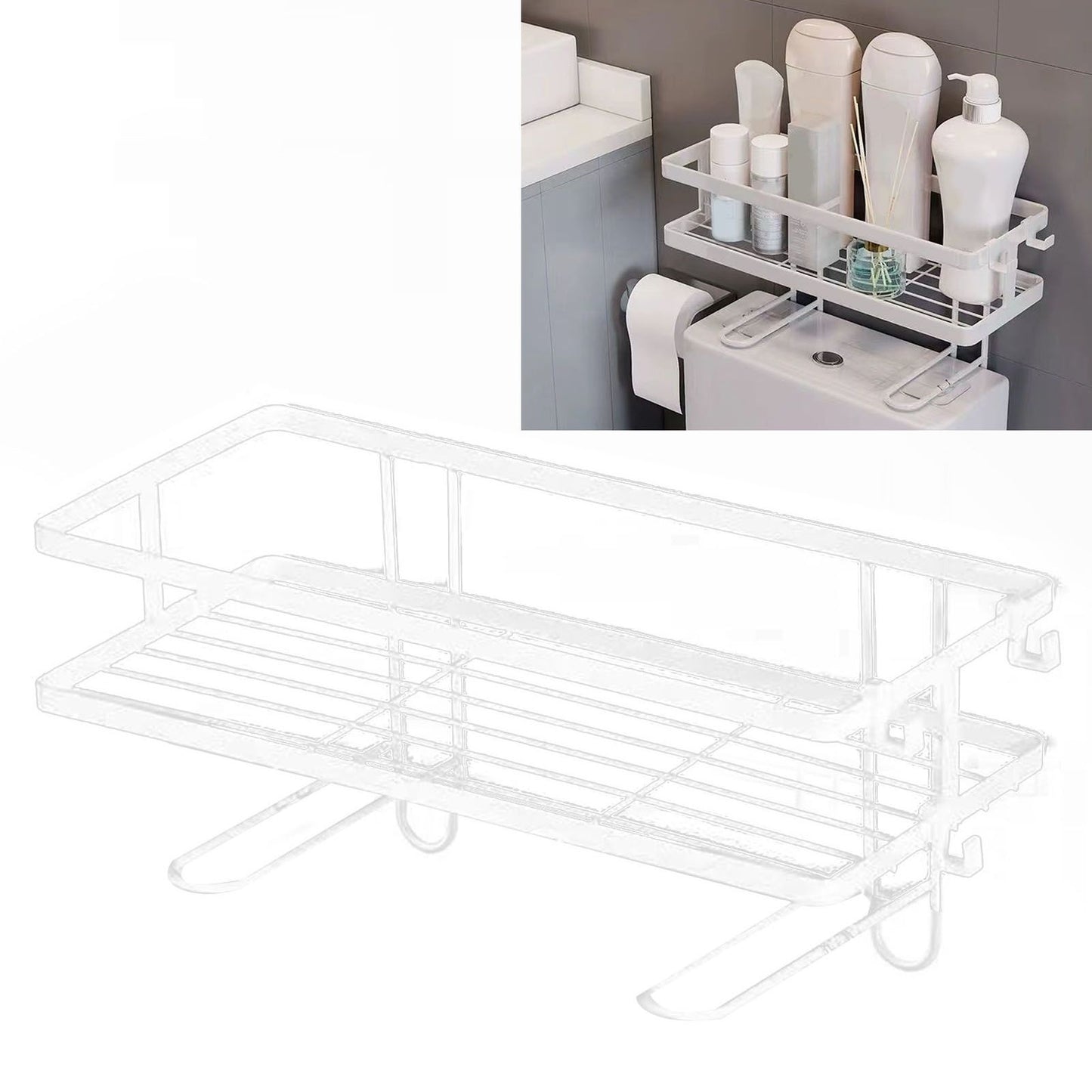 Toilet Shelf Thickening Waterproof Large Capacity Nail Free Installation Iron Over Toilet Bathroom Organizer Single Layer White