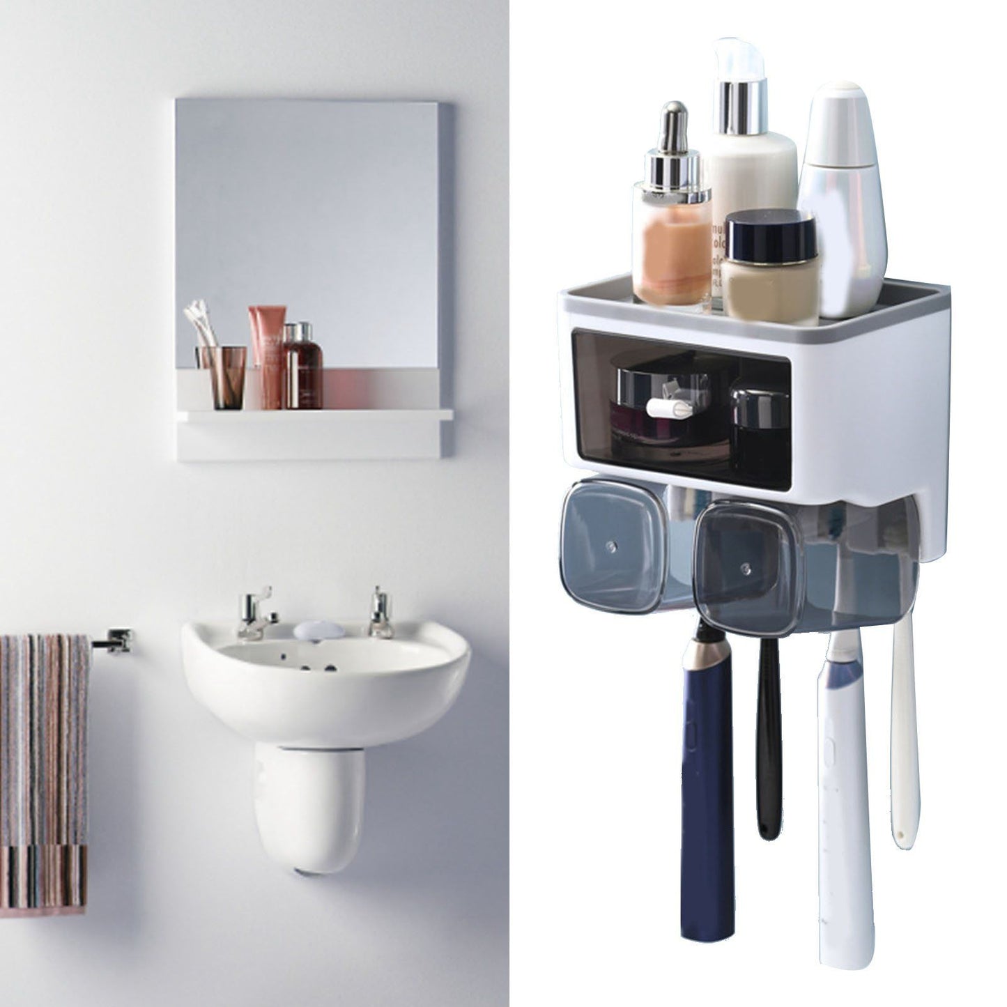 Toothbrush Shelf Punch Free Wall Mounted Mouthwash Cup Holder Toilet Storage Rack White 2 Cups