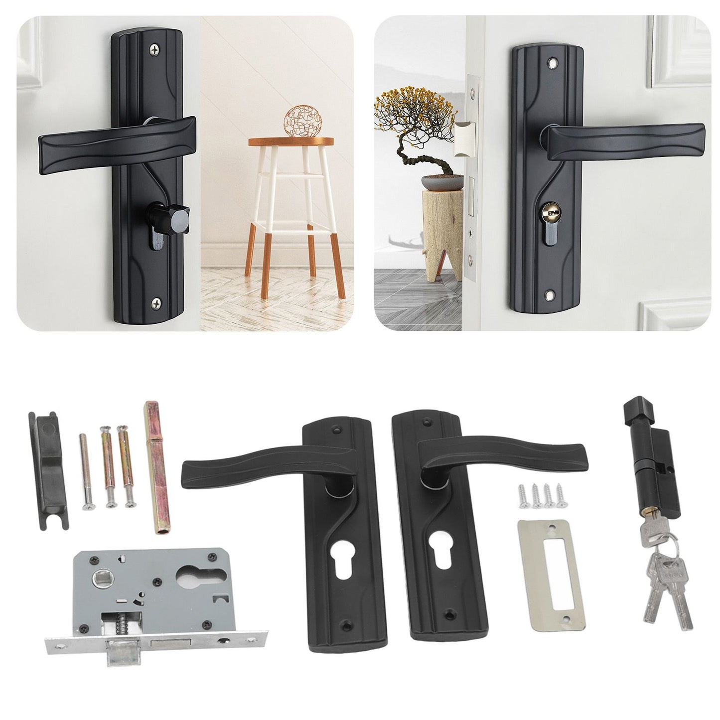 Door Handle Lock Manganese Steel Silent Bearing Universal Door Lever Lock Set with Keys for Home Bedroom Black