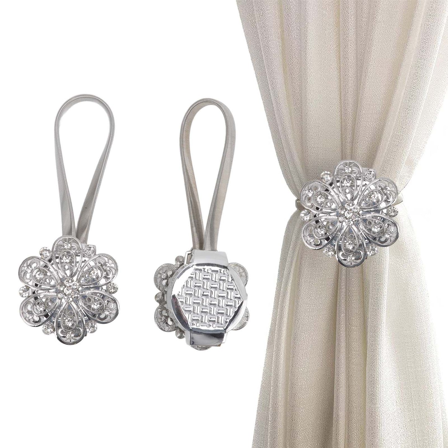 2Pcs Crystal Curtain Magnetic Tieback Stainless Steel Elegant Flower Curtain Clips Buckle for Living Room Bedroom