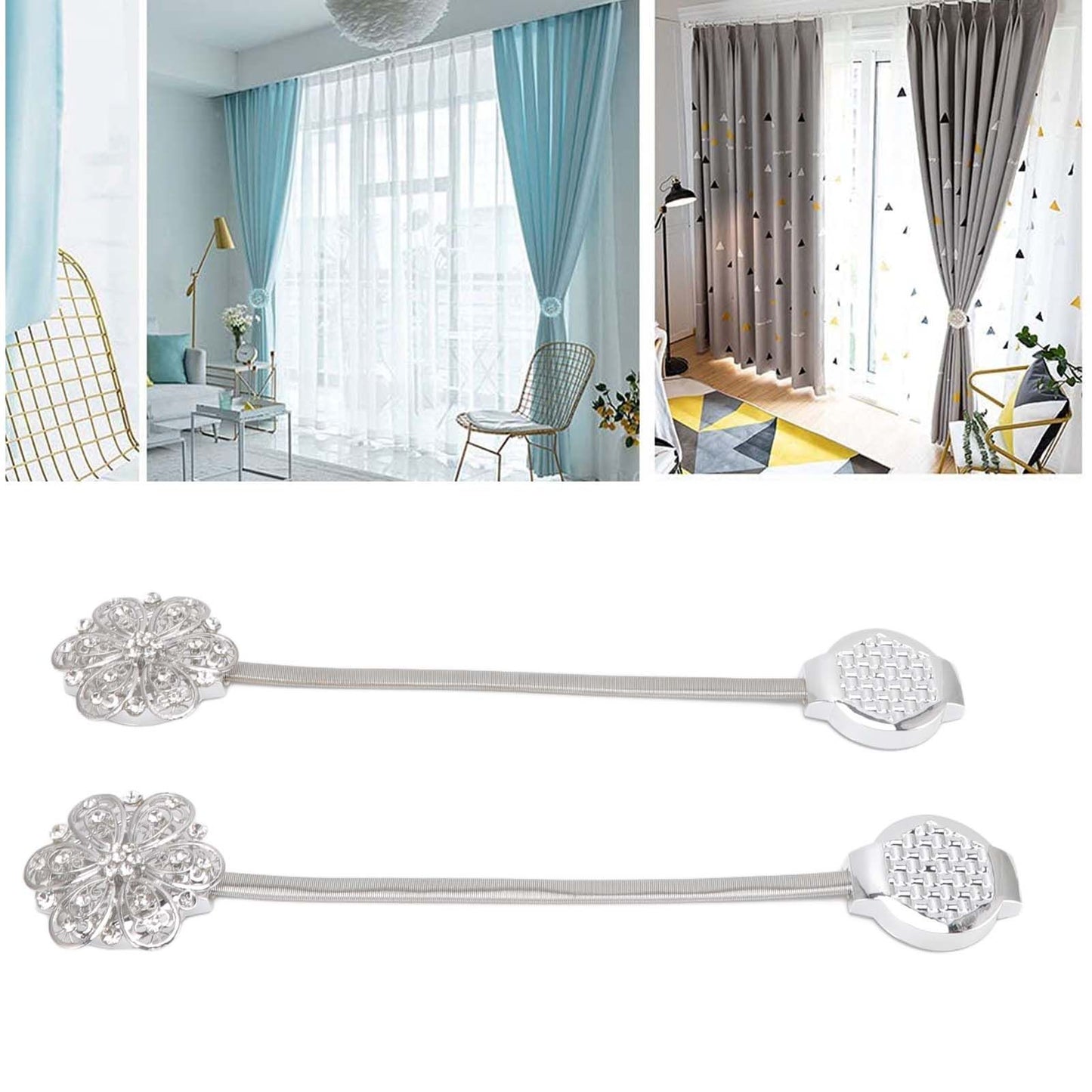 2Pcs Crystal Curtain Magnetic Tieback Stainless Steel Elegant Flower Curtain Clips Buckle for Living Room Bedroom