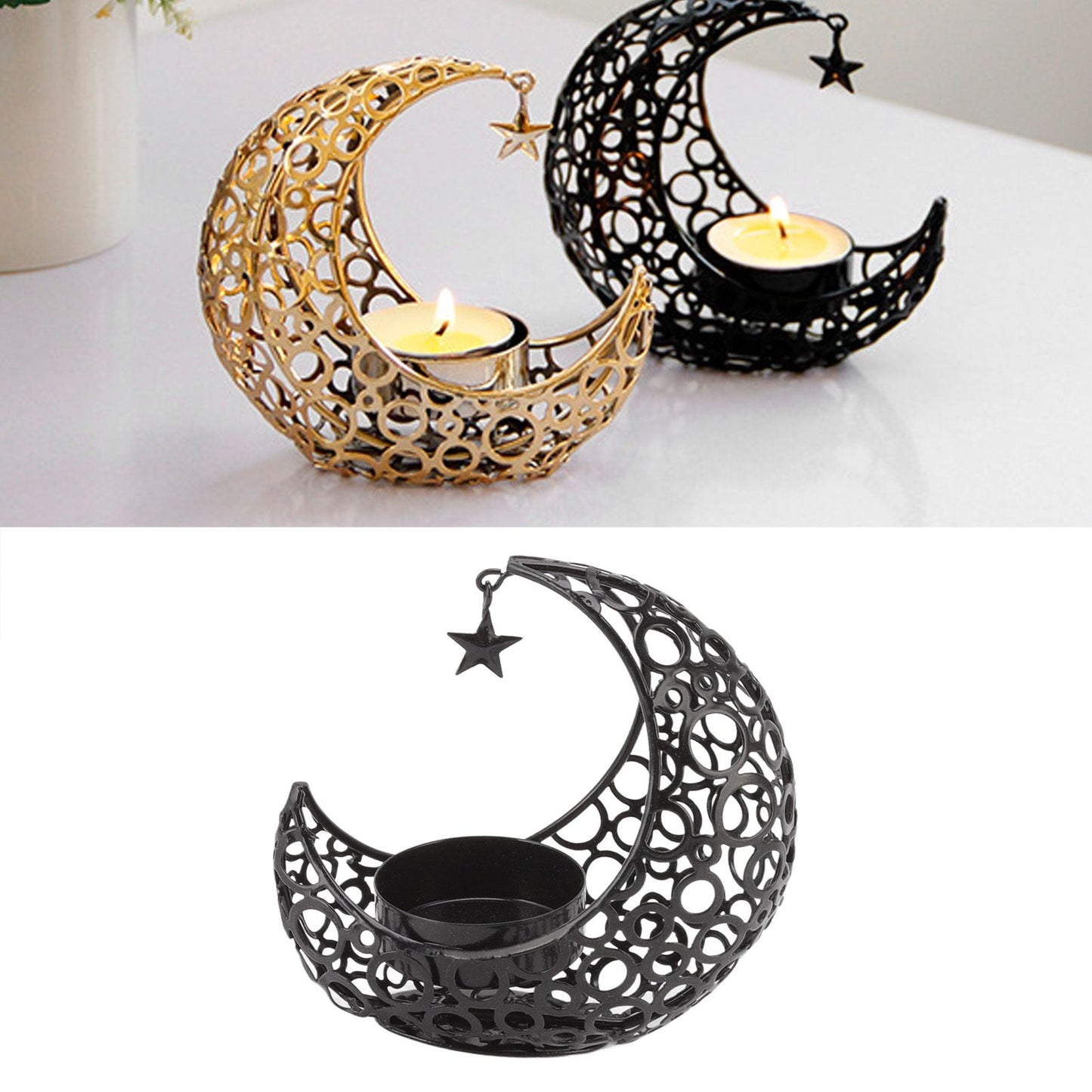 Romantic Moon Candlestick Iron Hollowed Candle Holder for Weddings Christmas Decoration Dining Coffee Table Black