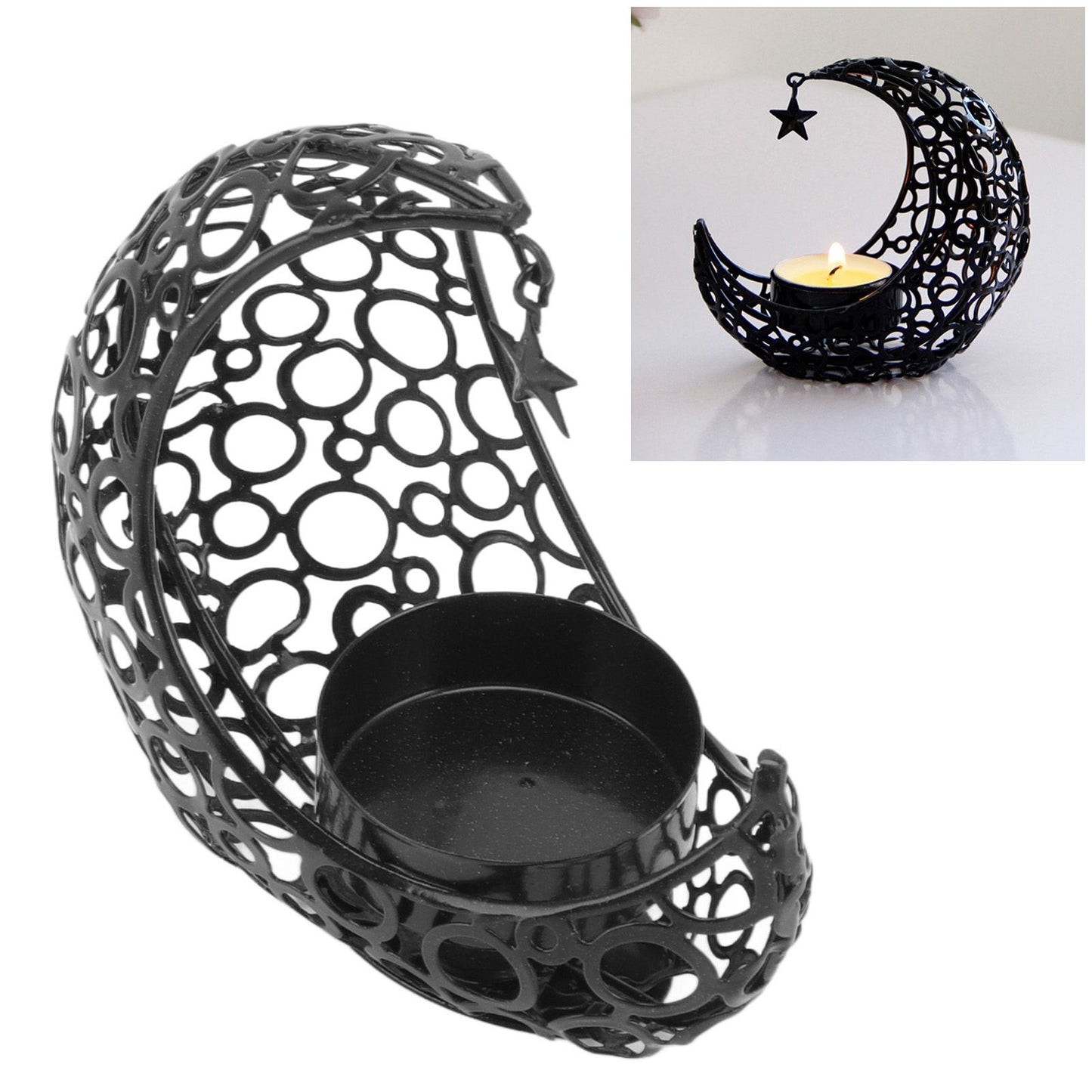 Romantic Moon Candlestick Iron Hollowed Candle Holder for Weddings Christmas Decoration Dining Coffee Table Black