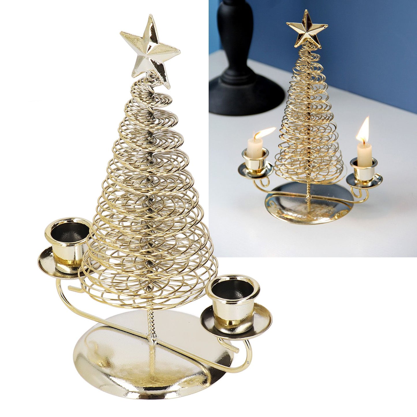 Candlestick Ornaments European Metal Christmas Tree Shape Wax Candle Holder Home Decoration Double Holder Gold