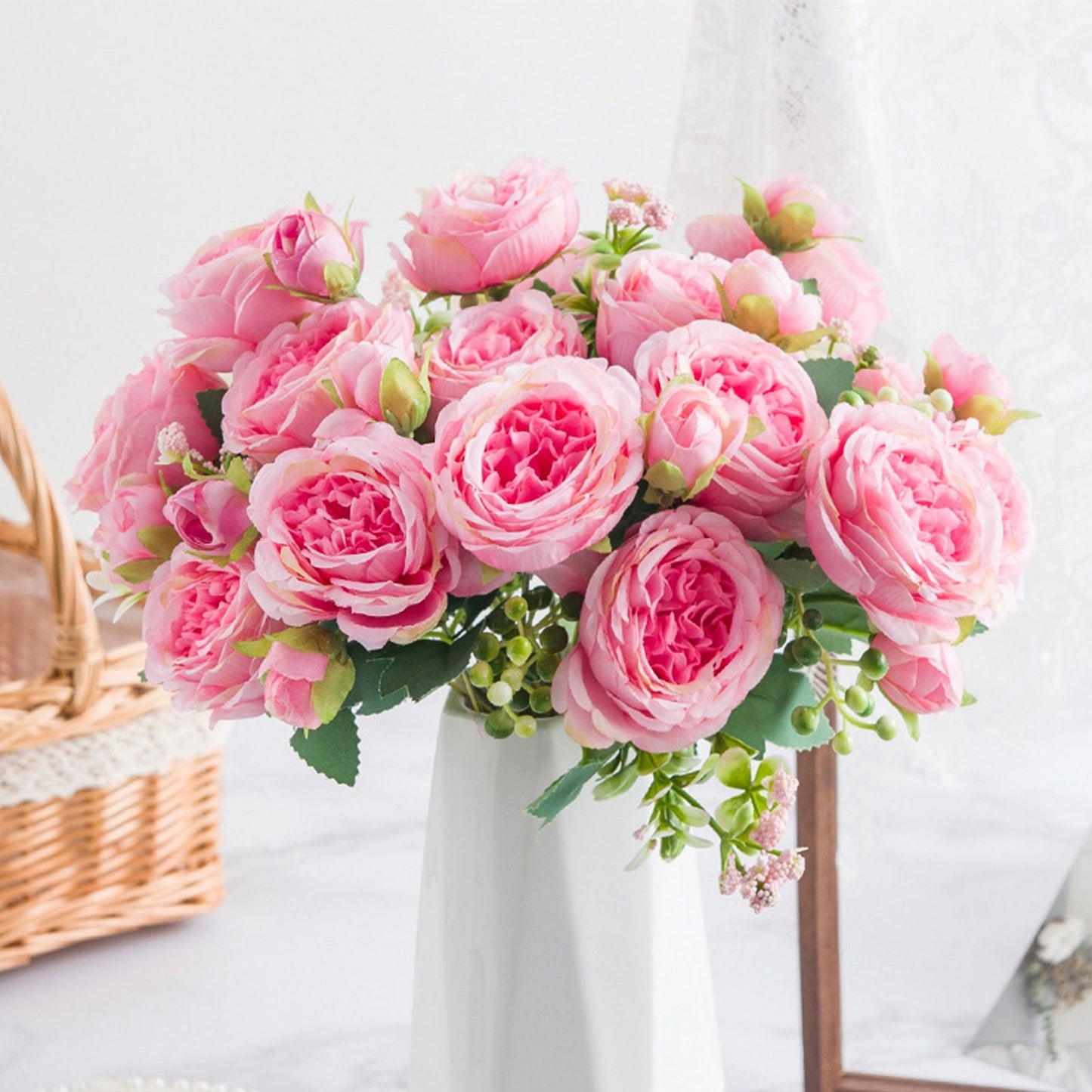 2 Bunches Artificial Peonies Romantic Vivid 6cm Diameter Attractive Decorative Light Weight Faux Peonies Decoration Pink