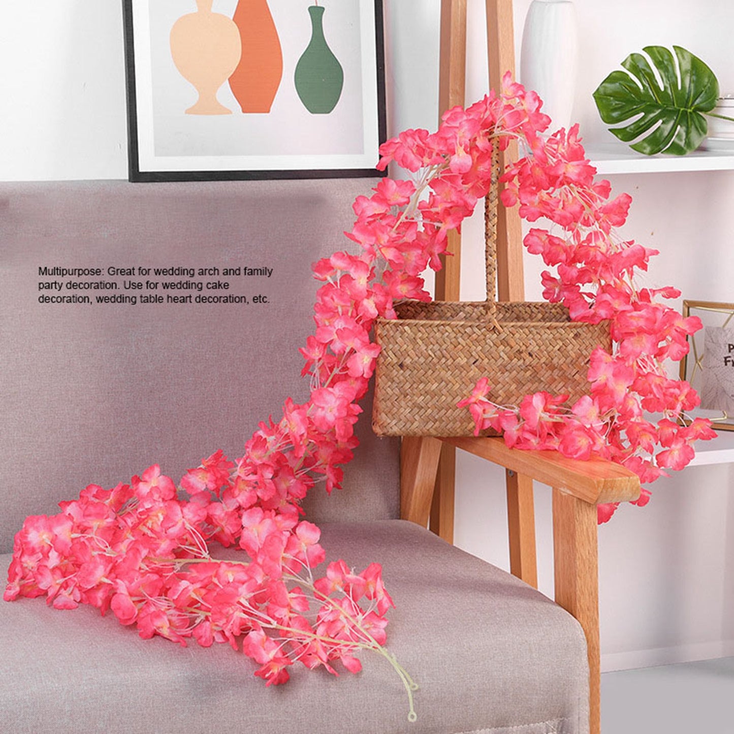 1.8m 256 Simulated Artificial Sakura Flower Garland Hanging Vines for Spring Home Room Wedding Party Decor Rose Red