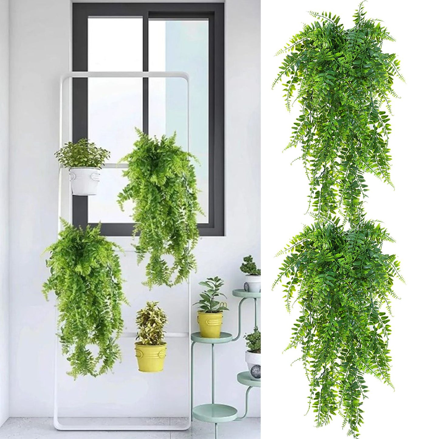 2pcs Artificial Hanging Plants Fern Plastic Green Fake Wall Hanging Ferns Plants for Garden Wedding Decoration