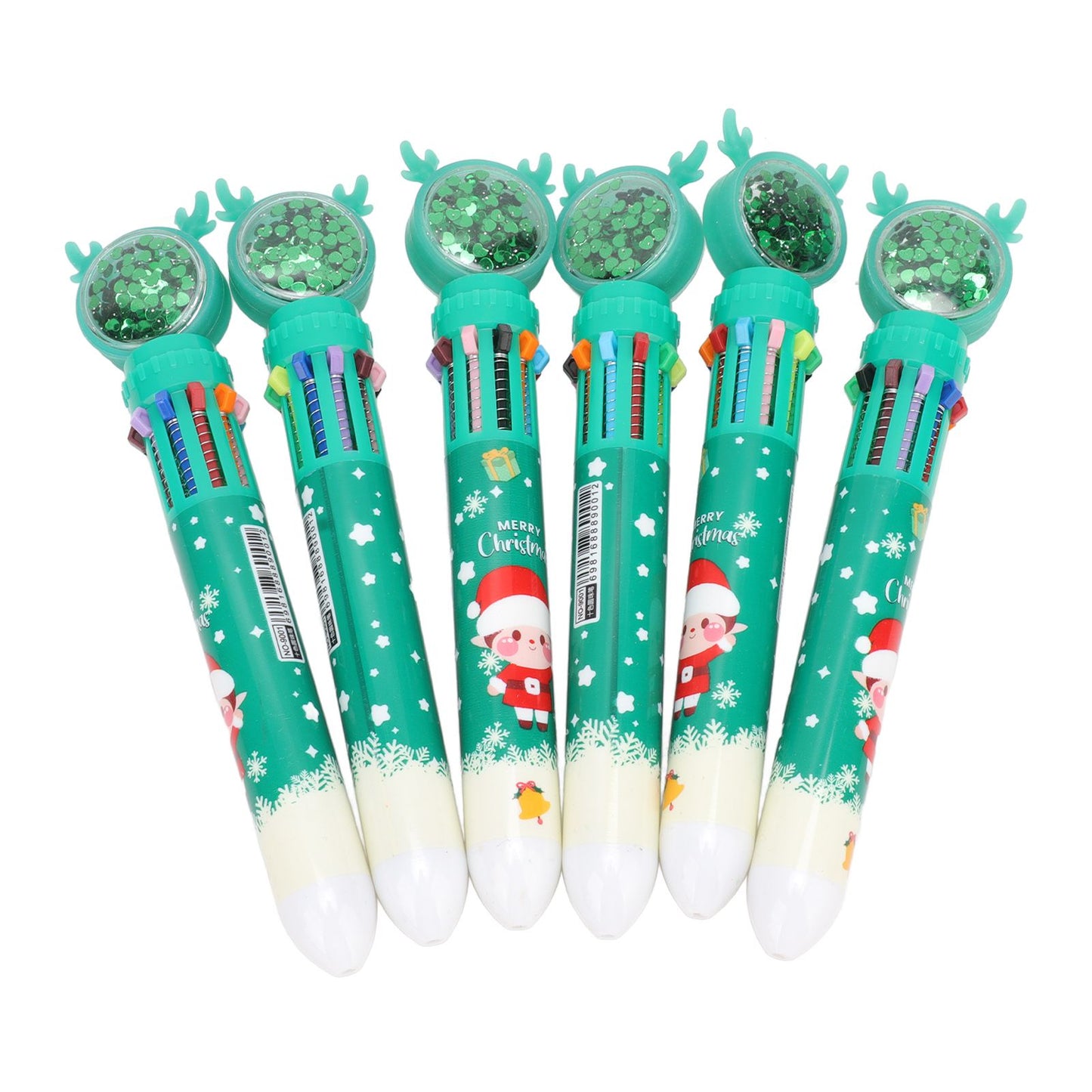 6Pcs Christmas Theme Ballpoint Pens 10 Color Cute Sequin Retractable Gift School Office Stationery Green Boy Pattern