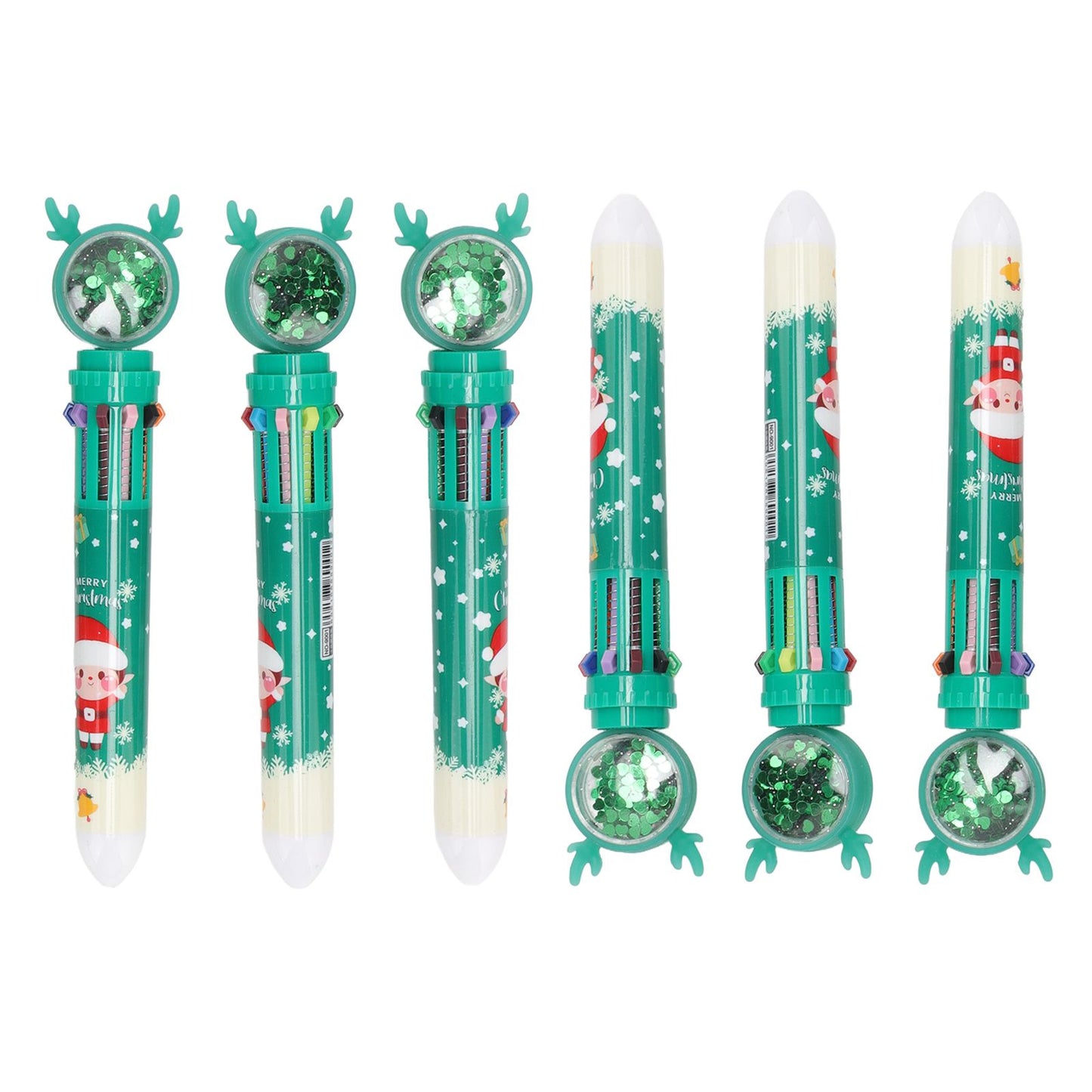 6Pcs Christmas Theme Ballpoint Pens 10 Color Cute Sequin Retractable Gift School Office Stationery Green Boy Pattern
