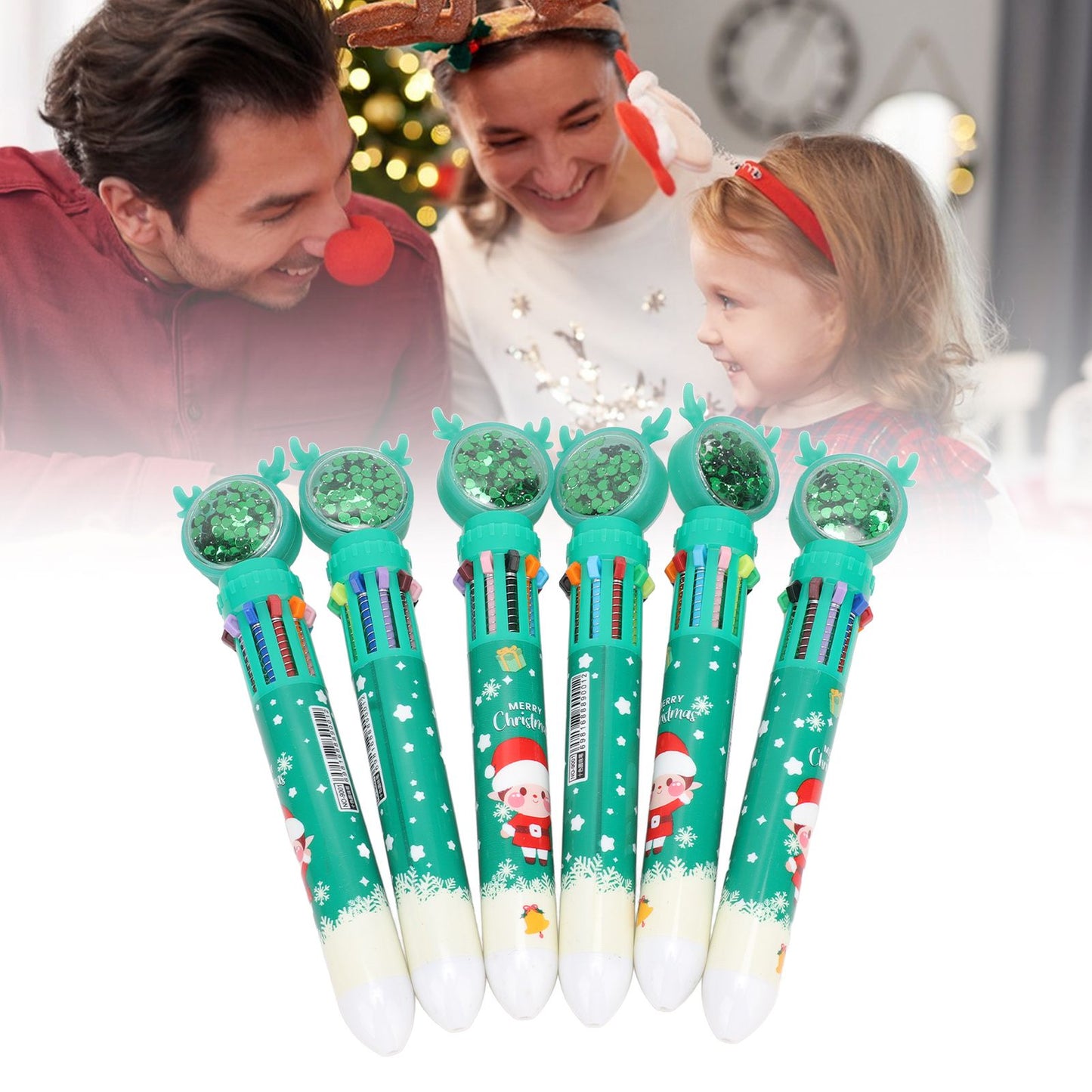 6Pcs Christmas Theme Ballpoint Pens 10 Color Cute Sequin Retractable Gift School Office Stationery Green Boy Pattern
