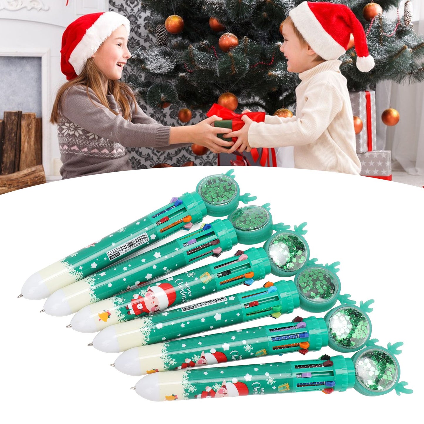 6Pcs Christmas Theme Ballpoint Pens 10 Color Cute Sequin Retractable Gift School Office Stationery Green Boy Pattern