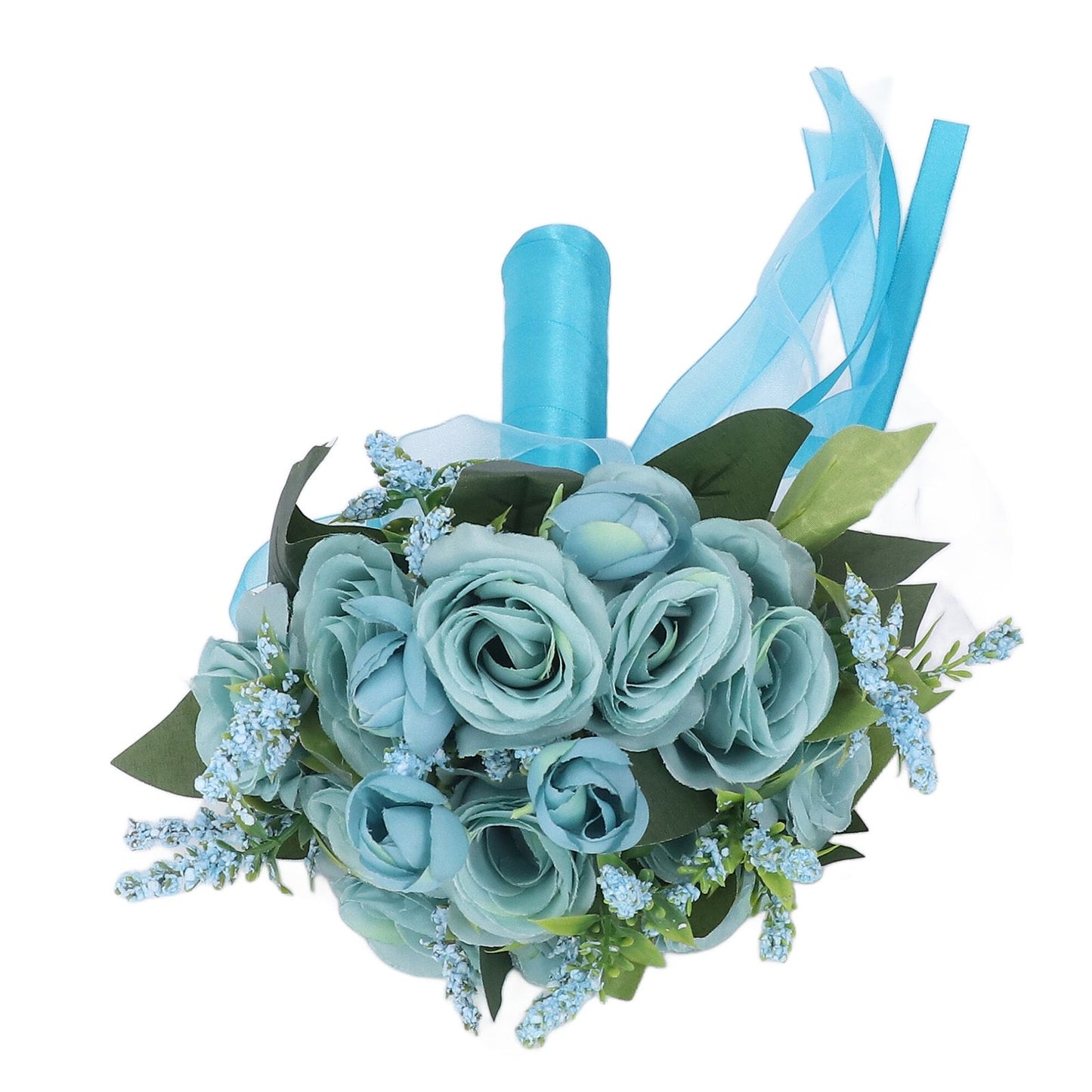 Wedding Bouquet Simulation Artificial Rose Lifelike Green Leaves Modern Elegant Rose for Wedding Church Home Decor Lake Blue