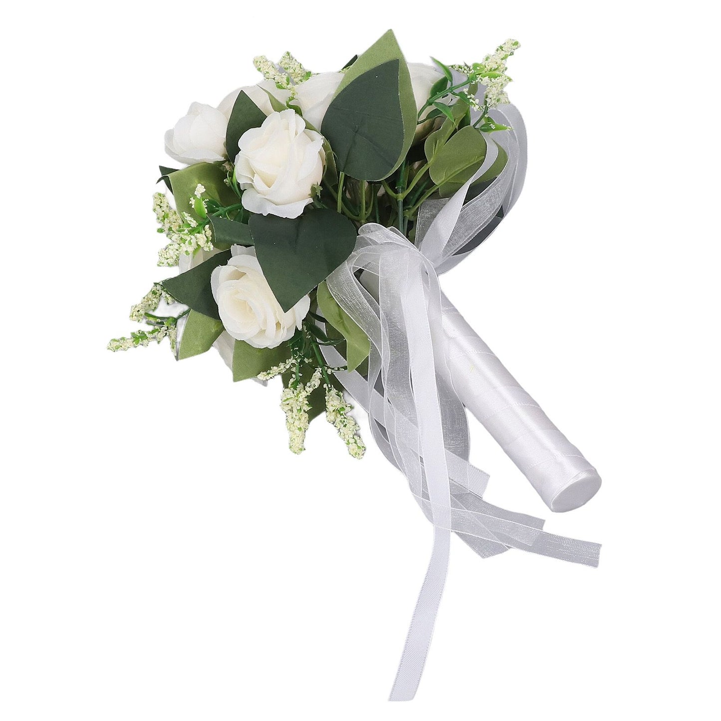 Wedding Bouquet Simulation Artificial Rose Lifelike Green Leaves Modern Elegant Rose for Wedding Church Home Decor Milky White