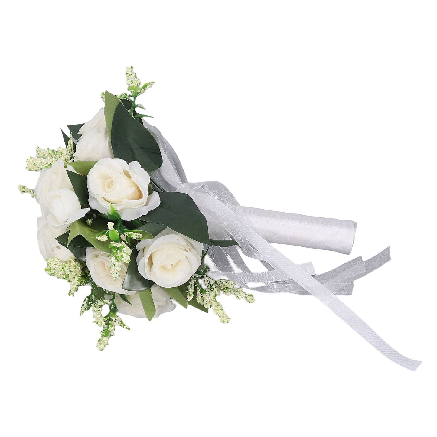 Wedding Bouquet Simulation Artificial Rose Lifelike Green Leaves Modern Elegant Rose for Wedding Church Home Decor Milky White