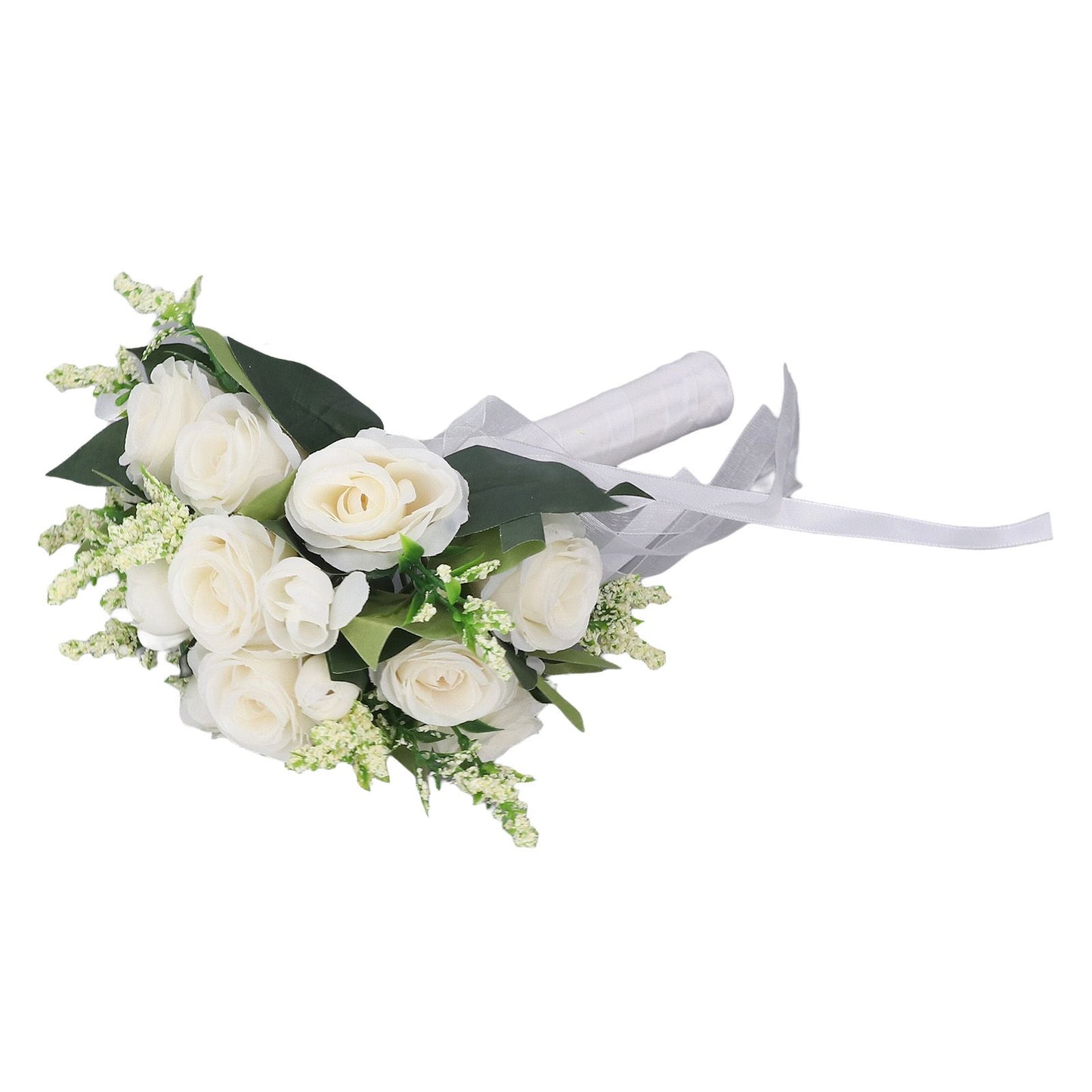 Wedding Bouquet Simulation Artificial Rose Lifelike Green Leaves Modern Elegant Rose for Wedding Church Home Decor Milky White