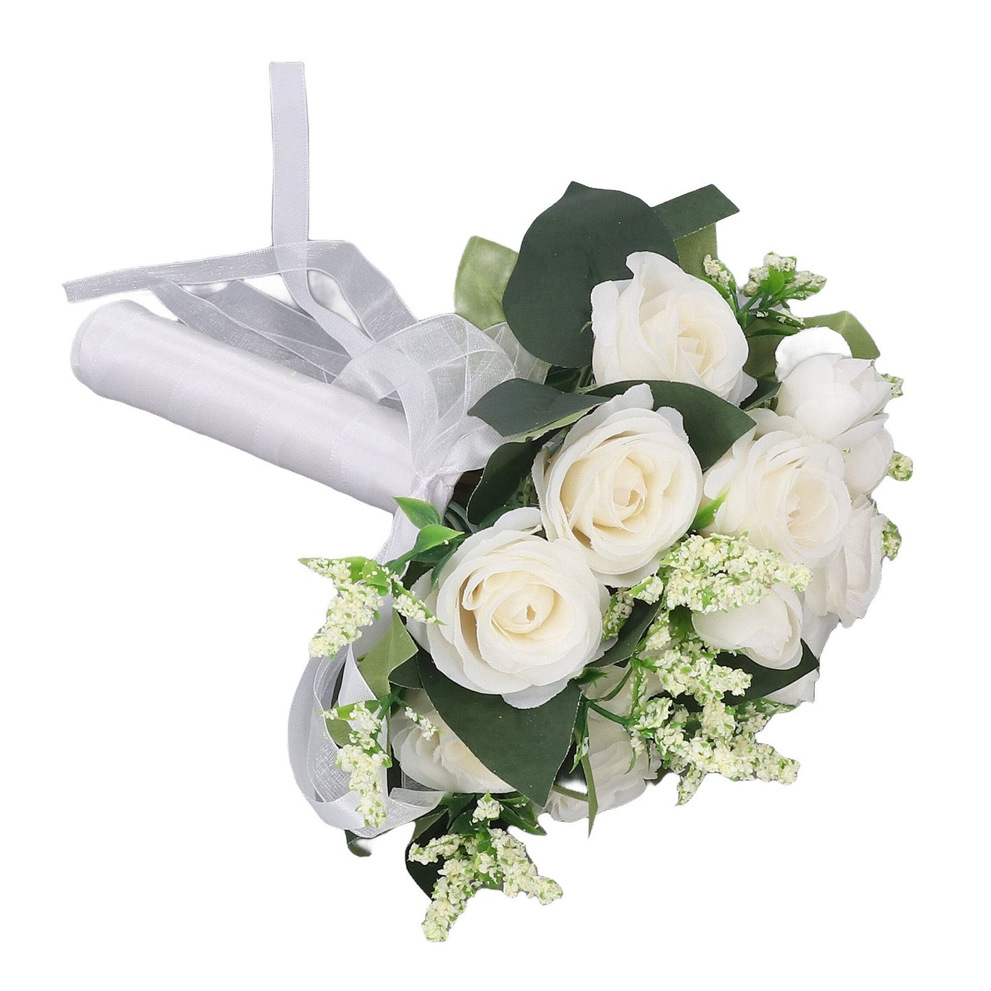 Wedding Bouquet Simulation Artificial Rose Lifelike Green Leaves Modern Elegant Rose for Wedding Church Home Decor Milky White