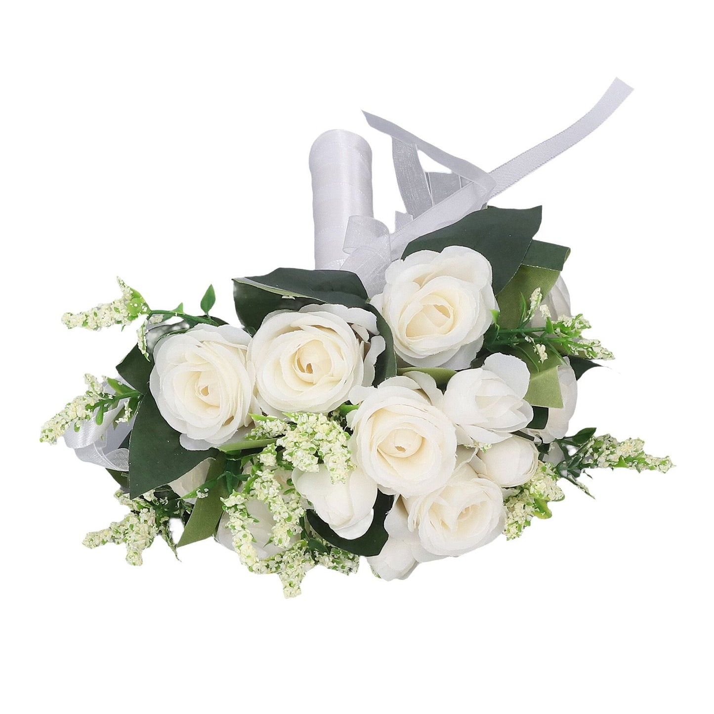 Wedding Bouquet Simulation Artificial Rose Lifelike Green Leaves Modern Elegant Rose for Wedding Church Home Decor Milky White