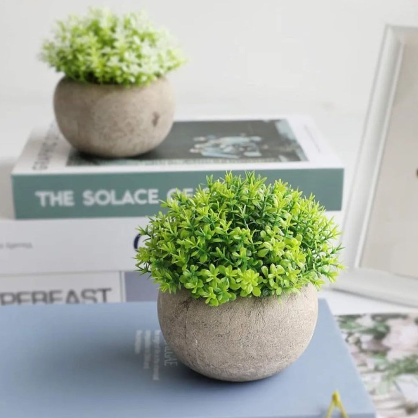 2 PCS Simulated Plant Bonsai Semicircular Ball Pulp Bonsai Desktop Green Plants Potted Ornaments White Green