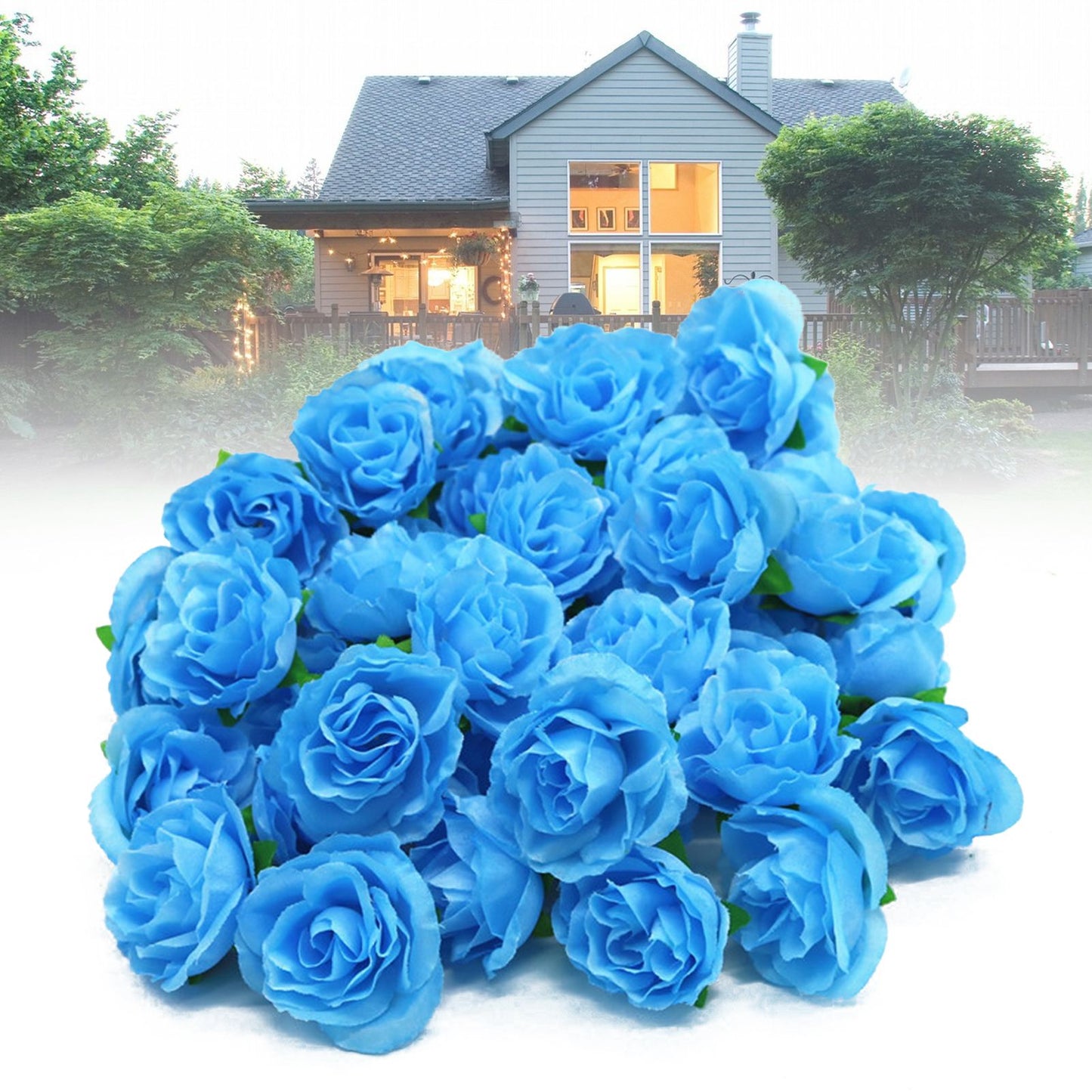 50PCS Simulation Rose Head Decorative Reusable Silk Fake Rose Flower for Wedding Party Blue