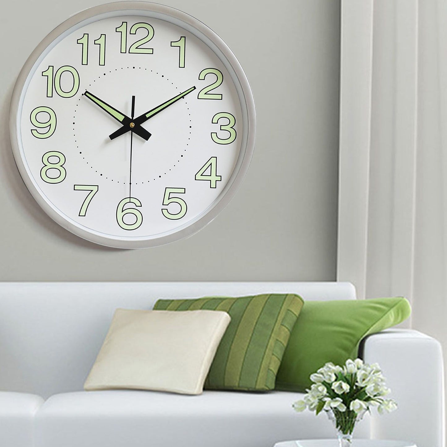 12 Inch Luminous Wall Clock Minimalist Round Quartz Clock for Bedroom Living Room Decoration Silver