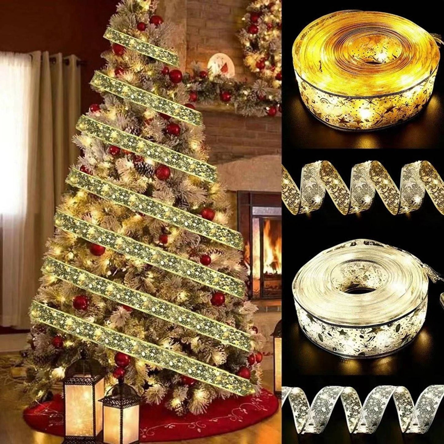 Christmas Ribbon Fairy Lights Gold Ribbon Warm Light 50 LED Christmas Tree Ribbon for Christmas Decorations 164ft