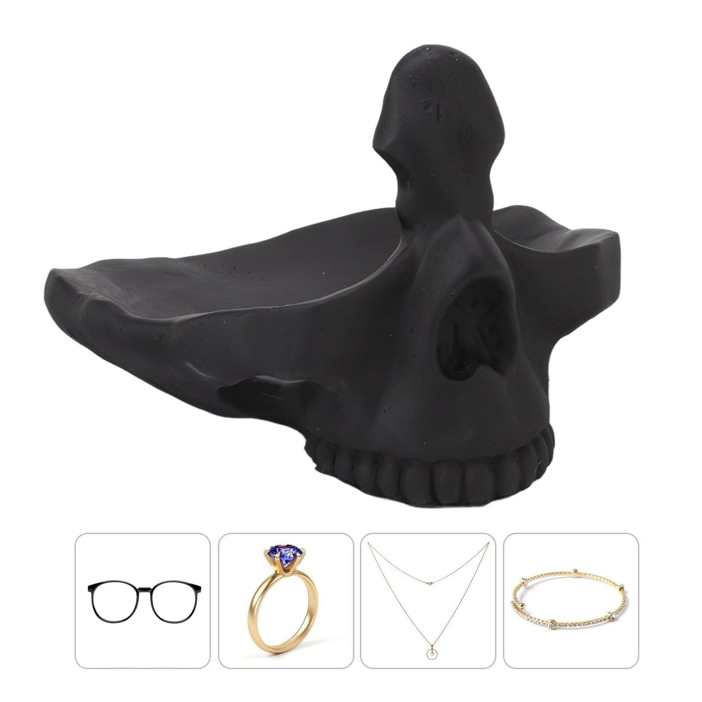 Skull Glasses Stand Lifelike Scratch Resistant Practical Statue Eyeglasses Holder with Storage Tray for Home Black