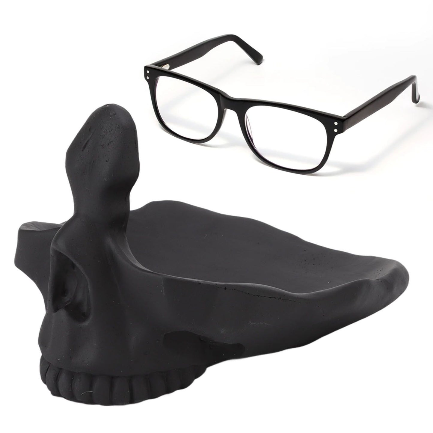 Skull Glasses Stand Lifelike Scratch Resistant Practical Statue Eyeglasses Holder with Storage Tray for Home Black