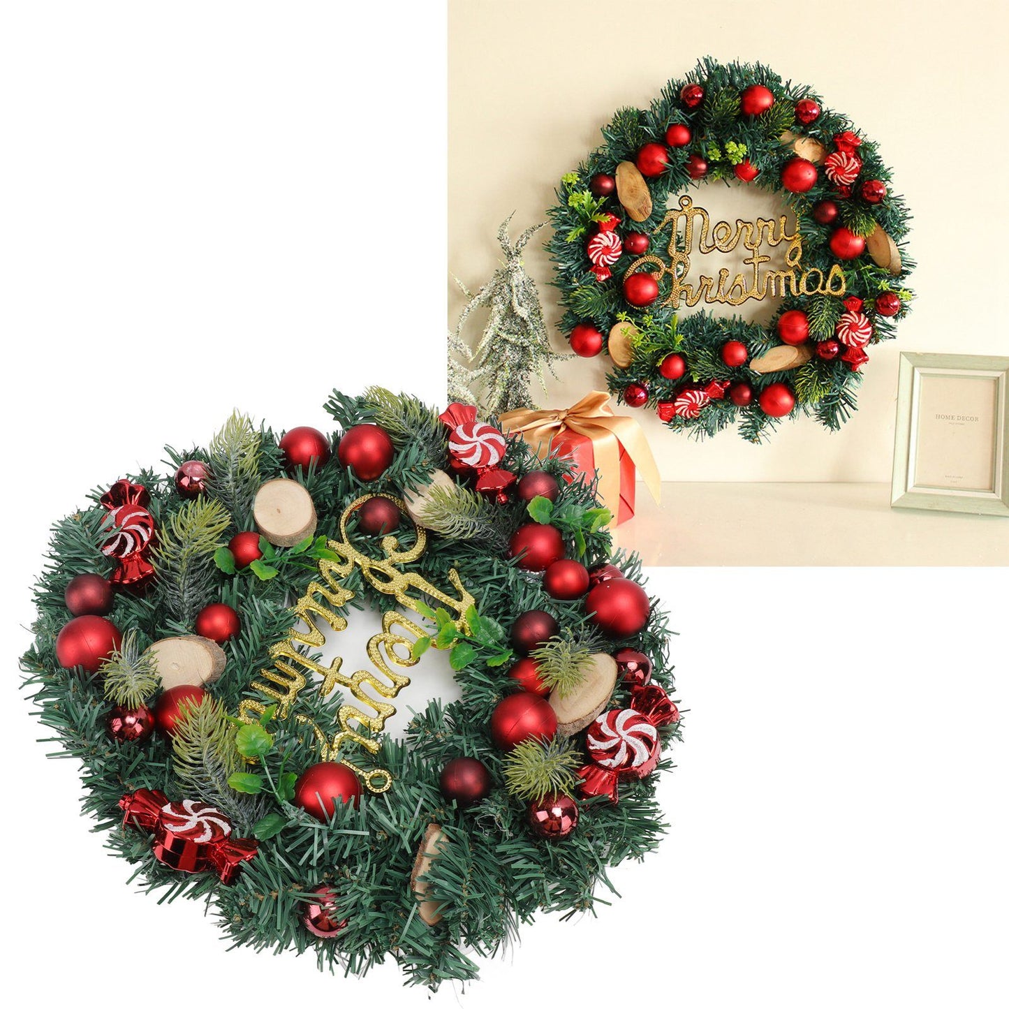 Artificial Christmas Wreath for Front Door Pine Needle Red Candy Christmas Garland Decorations for Home Mall Shopwindow