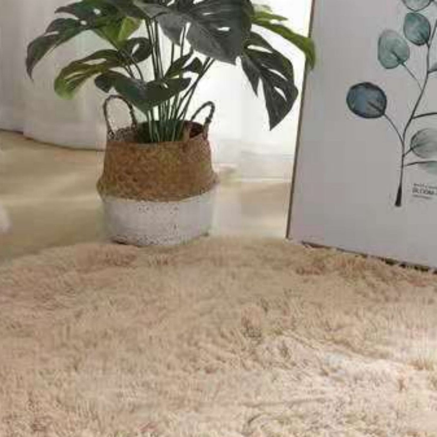 Floor Carpet Polyester Fiber Round Nordic Style Long Plush Soft Shaggy Rug for Home Bedroom Beige
