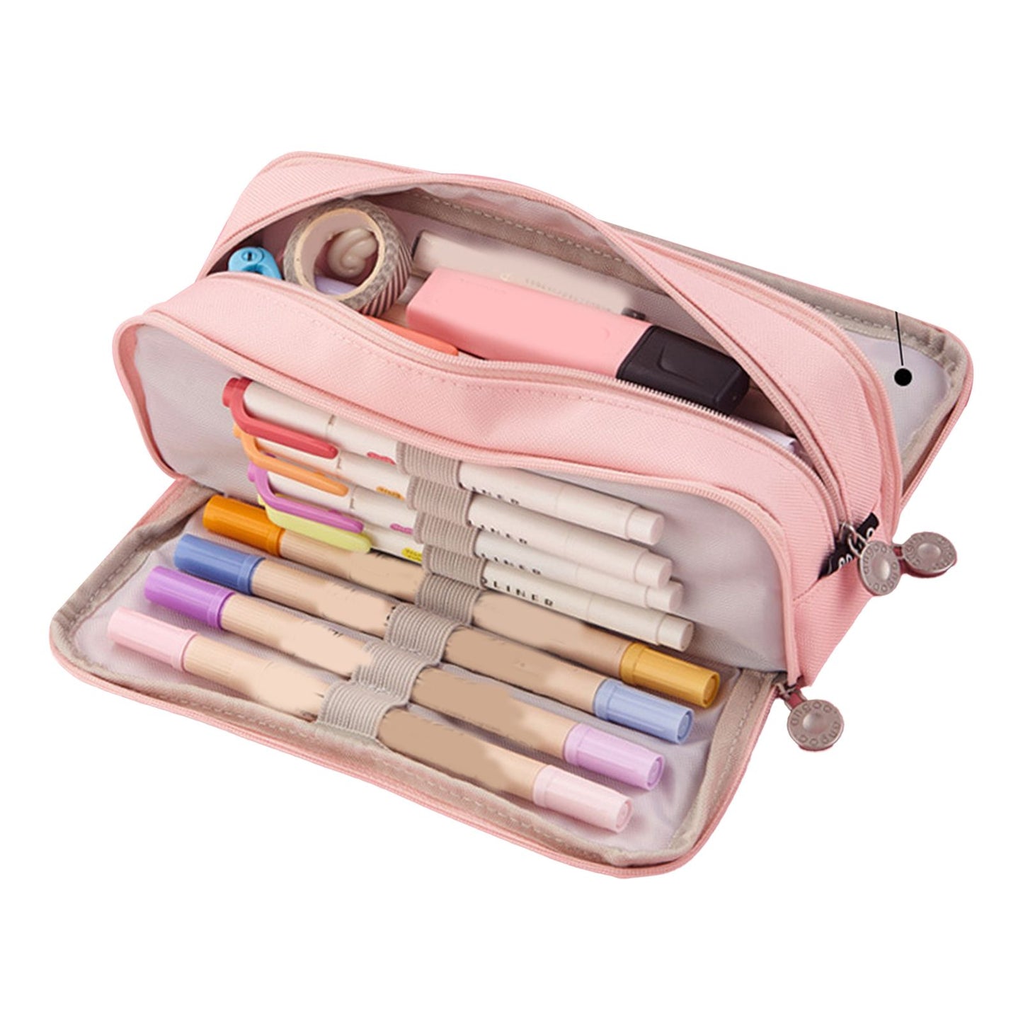 Pencil Pouch With 3 Compartments Large Capacity Double Opening Soft Canvas Dustproof Zipper Pencil Case for Students Pink