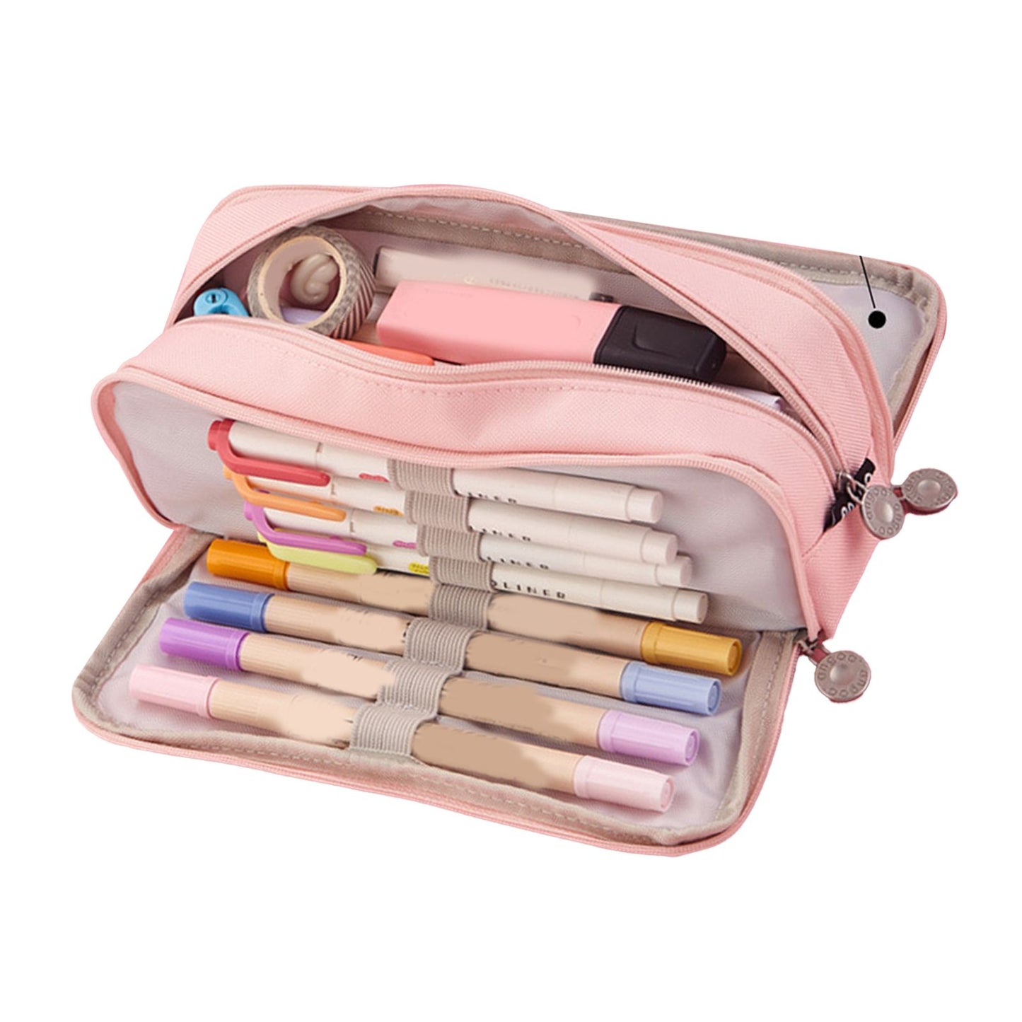 Pencil Pouch With 3 Compartments Large Capacity Double Opening Soft Canvas Dustproof Zipper Pencil Case for Students Pink